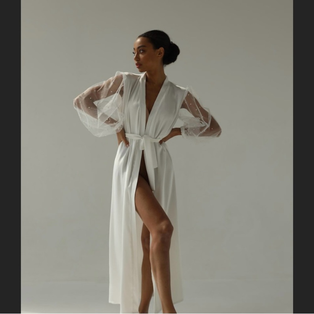 Wedding Day Robe with Pearl Embellished Sleeves!